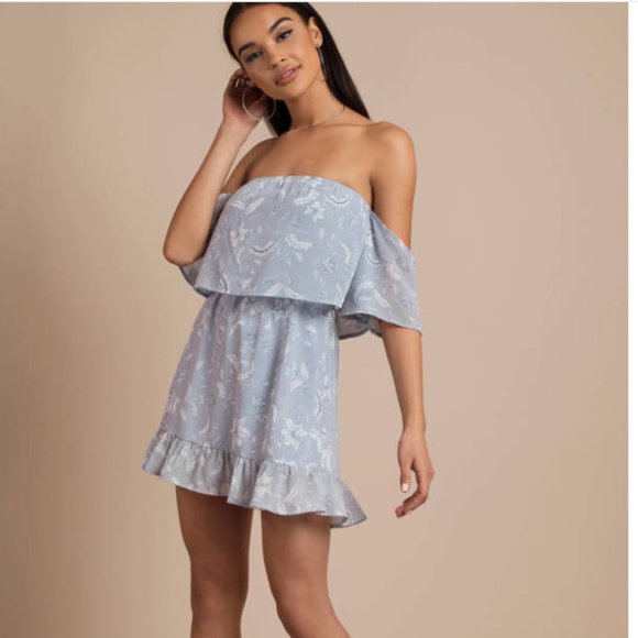 Tobi Light Blue Floral Off Shoulder Ruffle Dress - Picture 4 of 6